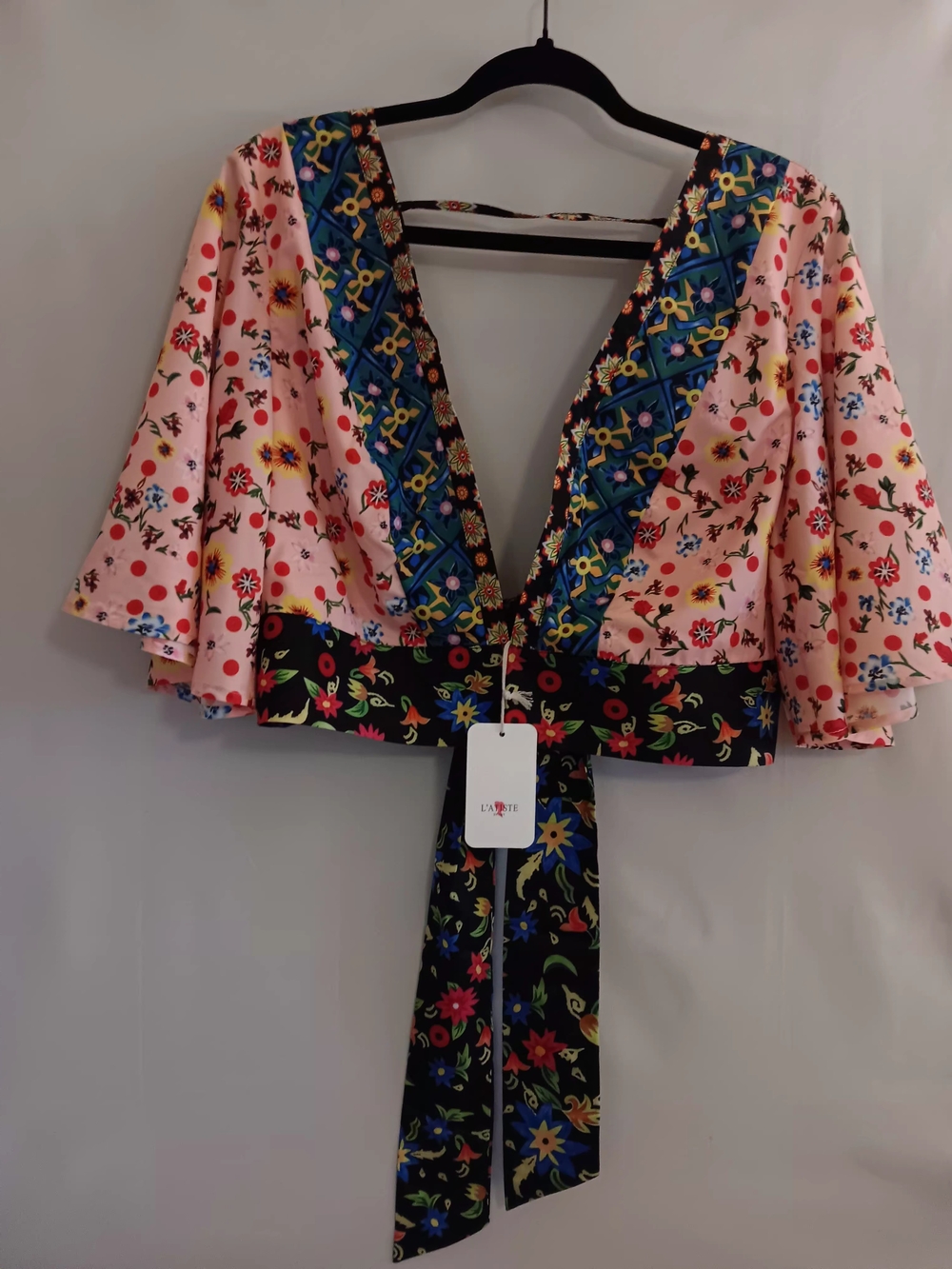 L'atiste by Amy Festive Vibrant Bell Sleeve Floral Boho Cropped Blouse